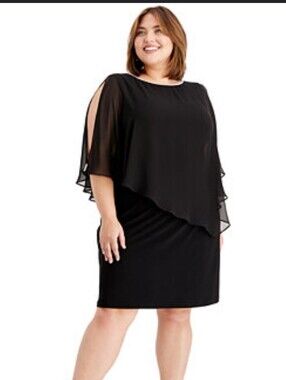 NWT MSK Black Rhinestone Chiffon Cape Overlay Sheath Cocktail Dress XL